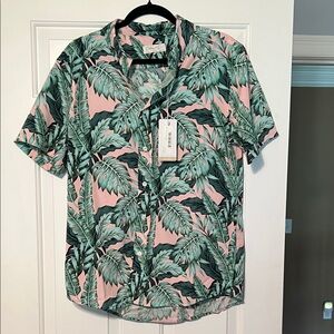 Tropical Leaf Print Men's Shirt - Pink and Green